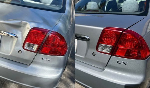 Before and after comparison of a silver Honda Civic LX with a dented rear quarter panel that has been repaired.