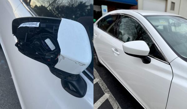 Close-up and side view of a white car with a damaged, broken-off driver-side rearview mirror.