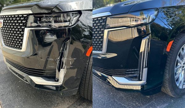 Before and after photos of a Cadillac Escalade bumper, showing damage repair on the passenger side.