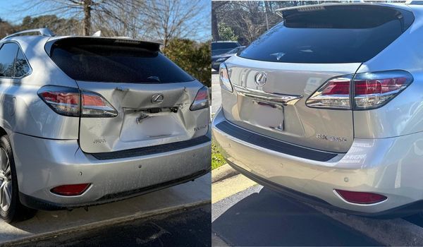A split view showing a silver Lexus SUV with a damaged rear tailgate next to the same vehicle after repair.