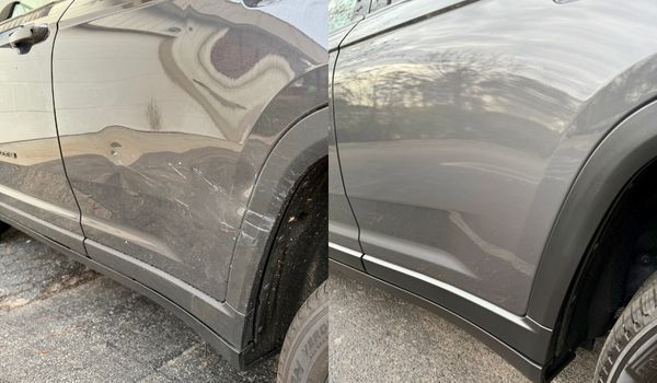 A split-screen view showing a grey car door with a dent before and after a paintless dent repair.