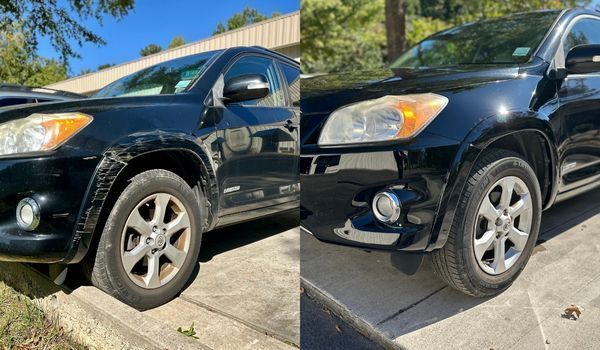 Before-and-after comparison of a black Toyota RAV4 showing a bumper dent removal and paint restoration.