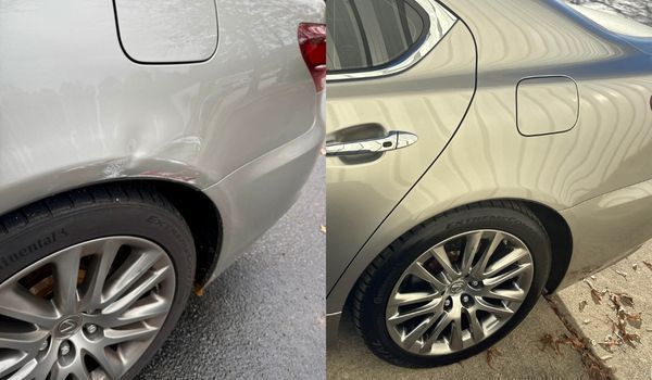 Before and after comparison of a silver car's rear quarter panel showing the successful removal of a dent.