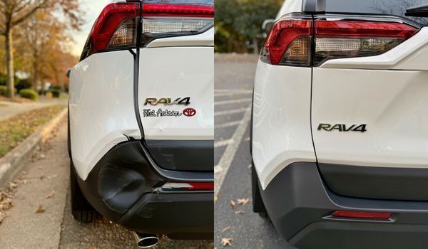 Before and after view of a white Toyota RAV4 rear bumper, showing a dent repair on the left and a smooth finish on the right.