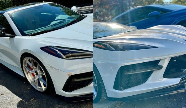 Split-screen view of a white C8 Chevrolet Corvette, highlighting its front bumper, LED headlights, and aftermarket wheels.