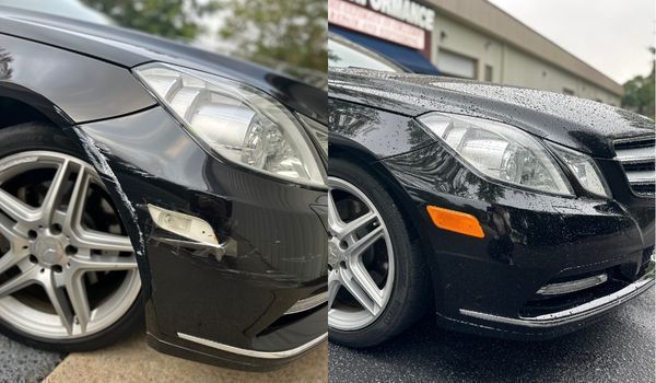 Before and after comparison of a black car's front bumper showing damage repair and a replaced side marker light.