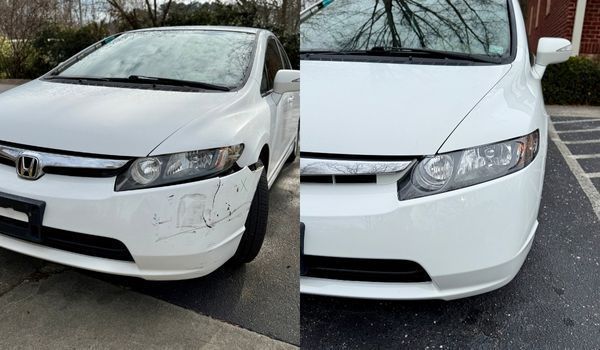 Before-and-after photos of a white Honda Civic's front bumper, showing the removal of scratches and paint scuffs.