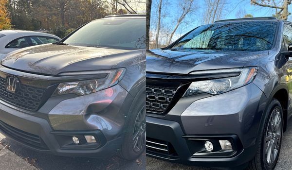 Side-by-side comparison of a dark gray Honda SUV, showing a dented front bumper on the left and a repaired one on the right.