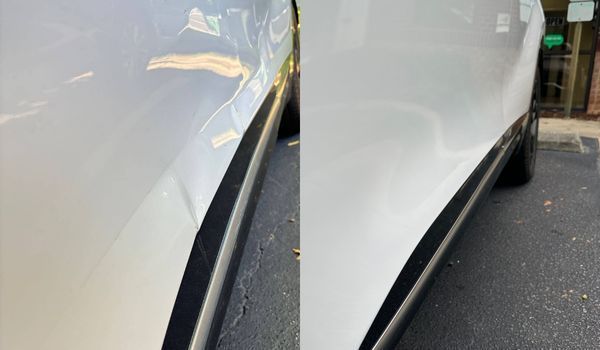 Side-by-side comparison of a white car door with a shallow dent before and after a repair, showing a smooth surface.
