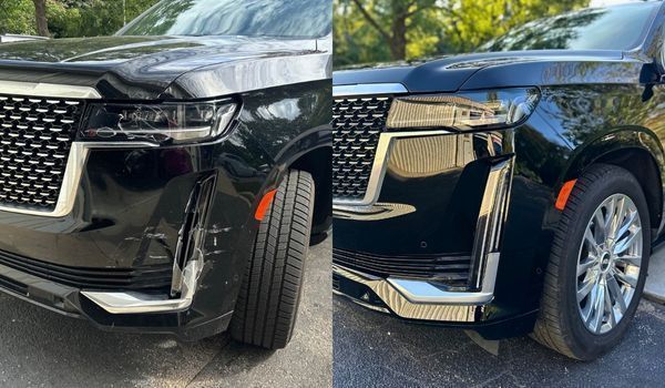Split view of a black SUV front bumper showing repair progress from damage on the left to restored condition on the right.