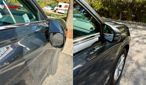 A split image shows a black car side mirror in a folded position and then in an unfolded driving position.