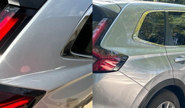 Side-by-side close-up views of the rear pillar and taillight assembly on a silver SUV.