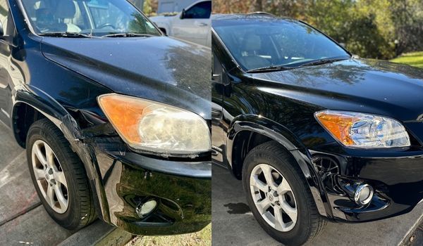 Before and after comparison of a black SUV’s headlight, showing the clouded lens restored to clear condition.