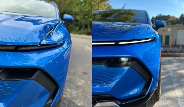 A side-by-side comparison of a blue car front end, showing a dented hood and headlight panel versus a repaired state.