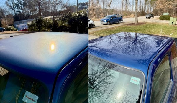 A before-and-after comparison showing a blue truck roof restored from a dull, oxidized finish to a glossy, reflective one.