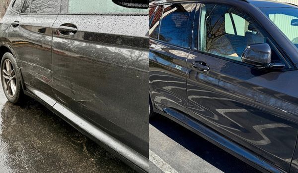 Split image showing a dark car's side panel before and after paint and body repair, with scratches removed.