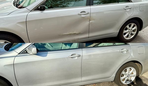 Before-and-after comparison showing a silver car's side door damage repaired and restored to its original condition.