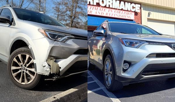 Before-and-after shot of a silver SUV showing a damaged bumper repaired to its original condition.