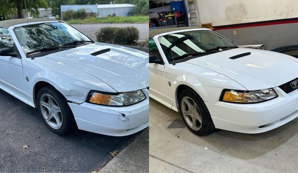 A before-and-after comparison of a white convertible Ford Mustang showing repairs to the front bumper and fender.