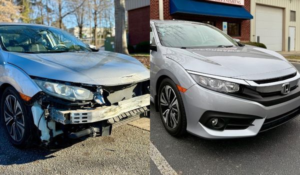 A silver Honda Civic shown before and after auto body repair, contrasting significant front