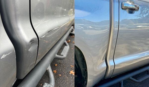 Two views of a silver truck door panel showing a dented area above the side step bar.