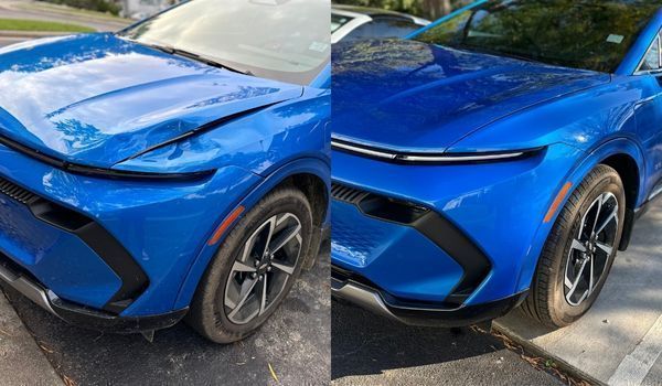 Before and after comparison of a blue car showing a repaired dent on the hood and fender.