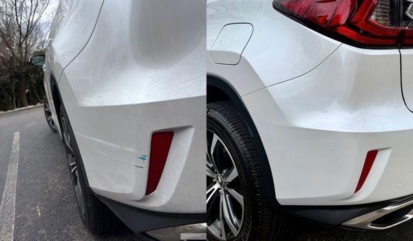 A split-view image showing a white car bumper before and after removing a scratch near the rear reflector.