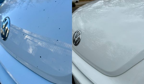 Split image showing a white car hood with dark spots on the left and cleaned without spots on the right.