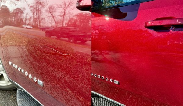 Split-screen comparison showing a dented red car door before (left) and after (right) a professional paintless dent repair.