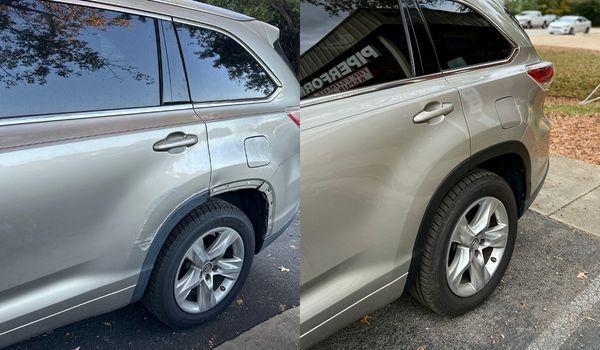 A side-by-side comparison of a gold SUV showing body damage above the rear wheel before and after a professional repair.