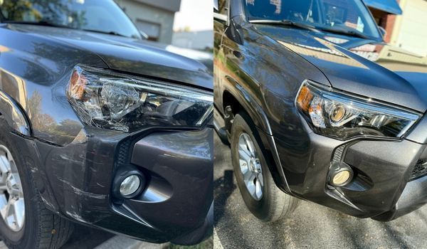 A side-by-side comparison of a dark gray SUV's bumper showing scratch damage before and after repair.