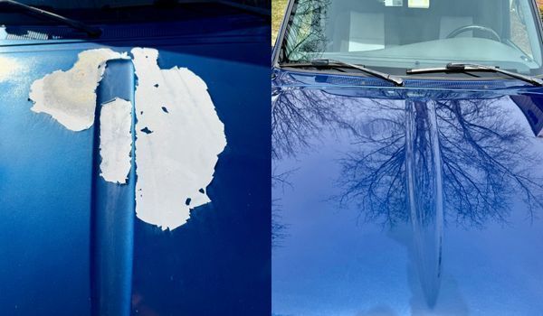 A side-by-side comparison of a car hood, showing a large area of peeling blue paint on the left and a repaired finish.