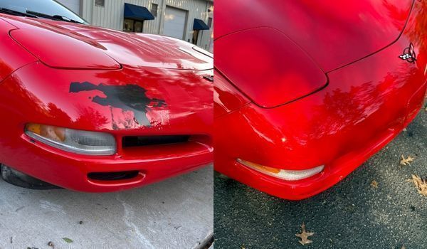 A before-and-after comparison of a red Corvette bumper, showing a repaired paint defect.