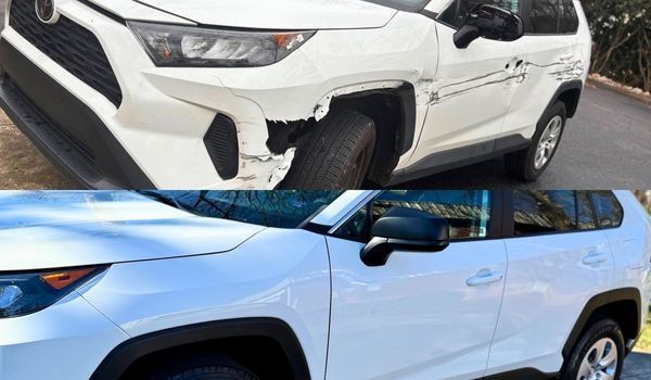 Split-screen image comparing a white SUV before repair showing front-end damage and after repair in pristine condition.