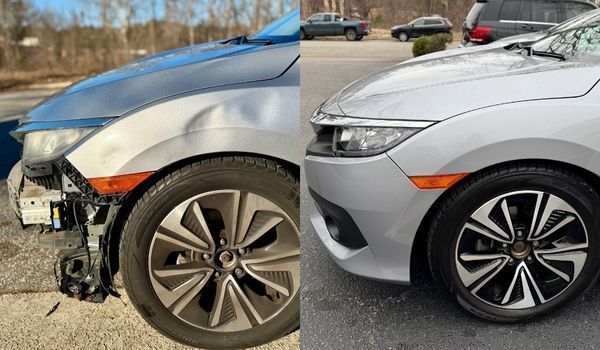 Before and after comparison of a silver Honda Civic showing bodywork and bumper repair on the front passenger side.