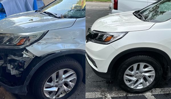 A split-screen comparison of a white SUV showing significant front-end collision damage on the 