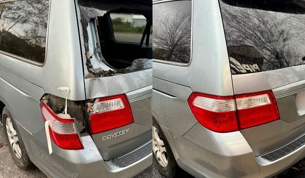 Before and after photos of a silver minivan showing a damaged rear corner, taillight, and window, then repaired.