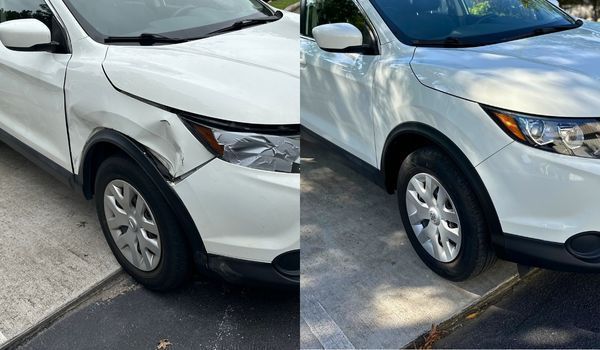 Side-by-side comparison of a white SUV showing a dented front fender and then its repair.