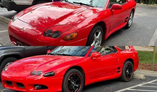 Split-screen view of a red Mitsubishi 3000GT parked in a lot, showing before and after modifications.