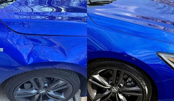 Before and after comparison of a blue car fender repair, showing the removal of a visible dent.