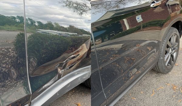 A two-panel close-up of a black car's side panels, showing a dent and scraped paint near the bottom rocker panel.