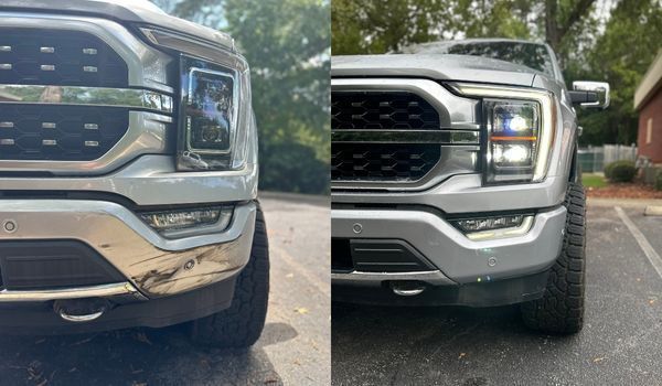 Before-and-after comparison of a silver Ford F-150 front bumper showing damage repair and an upgraded painted grille.