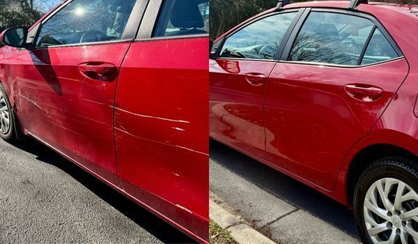 A side-by-side comparison of a red car’s side panels showing a dent and scratches before and after a repair.