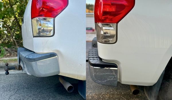 Split-screen view showing a truck's rear bumper before and after a dent repair.