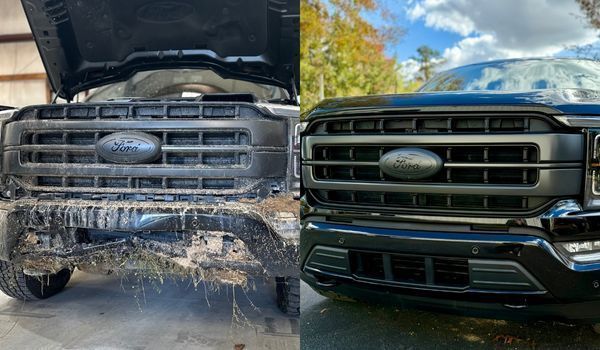 A split-screen view showing the front grille and bumper of a black Ford truck before and after a deep cleaning.