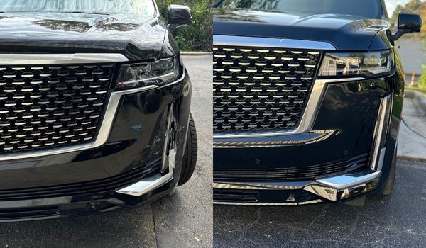 A split-screen view showing the front passenger-side bumper of a black Cadillac SUV before and after repairs.