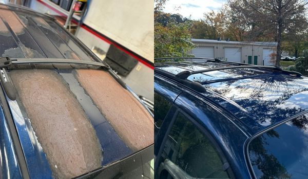 A split-screen comparison shows a car roof before and after cleaning, revealing shiny dark paint beneath thick brown grime.