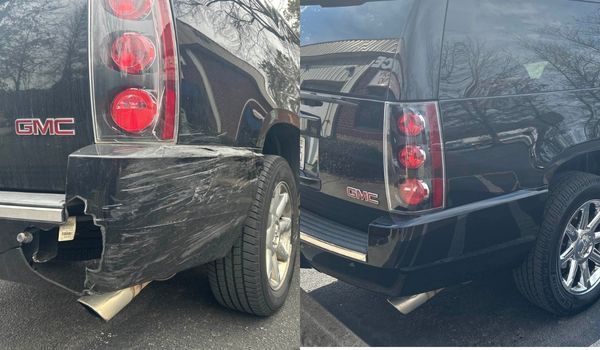 Side-by-side comparison of a black GMC SUV rear bumper before and after repair, showing damage removal and body restoration.