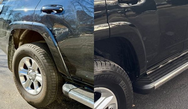 A split-screen comparison showing damage to a black vehicle's rear wheel well, followed by a repaired, smooth finish.