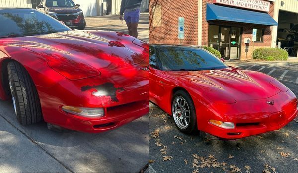 Before and after photo of a red Corvette showing repair of paint damage on the front bumper.